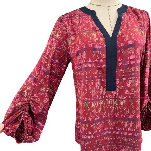 81 Poppies Print Tunic Blouse Rouched Long Sleeves V- Neck Silk USA XS - Picture 2 of 9